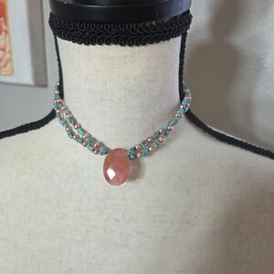 glass faceted stone freshwater pearl real tourqoise Nuggets 925 clasp necklace